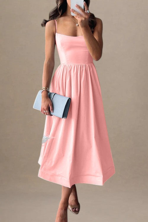 Dame – A-line Midikjole med Stropper og Smocket Liv