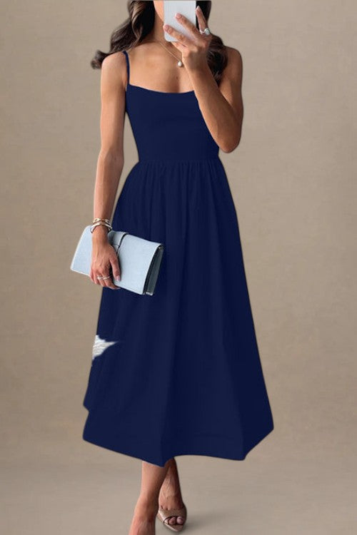 Dame – A-line Midikjole med Stropper og Smocket Liv