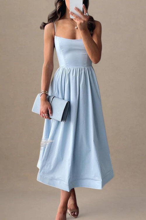 Dame – A-line Midikjole med Stropper og Smocket Liv