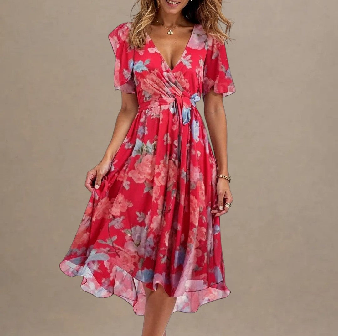 Dame – A-line Midikjole med V-udskæring og Småblomstret Mønster