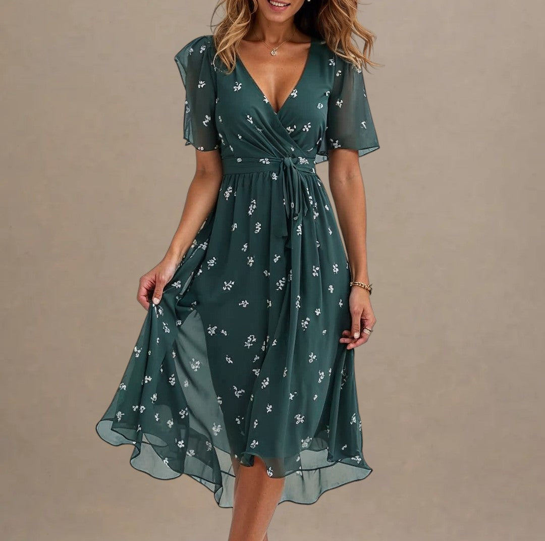 Dame – A-line Midikjole med V-udskæring og Småblomstret Mønster