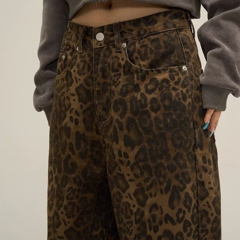 Dame Baggy Jeans Med Leopardmønster Og Vidde | Trendy Look