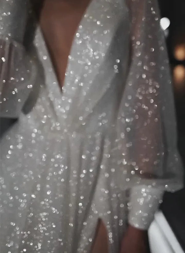 Dame Brudekjole Med Glimmerærmer & Høj Slids