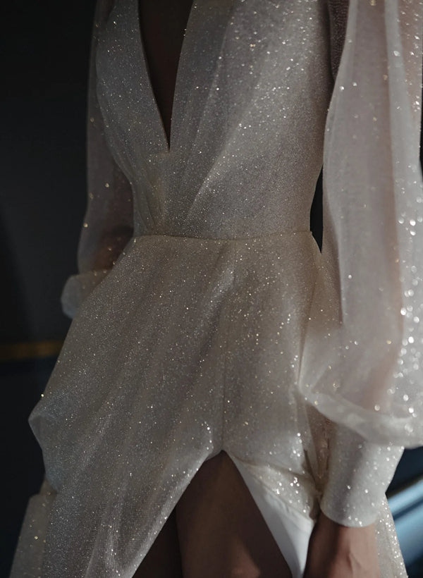 Dame Brudekjole Med Glimmerærmer & Høj Slids