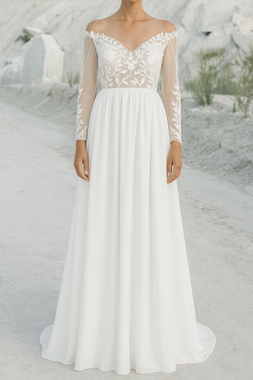 Dame Brudekjole Med V-Hals & 3D Blomster