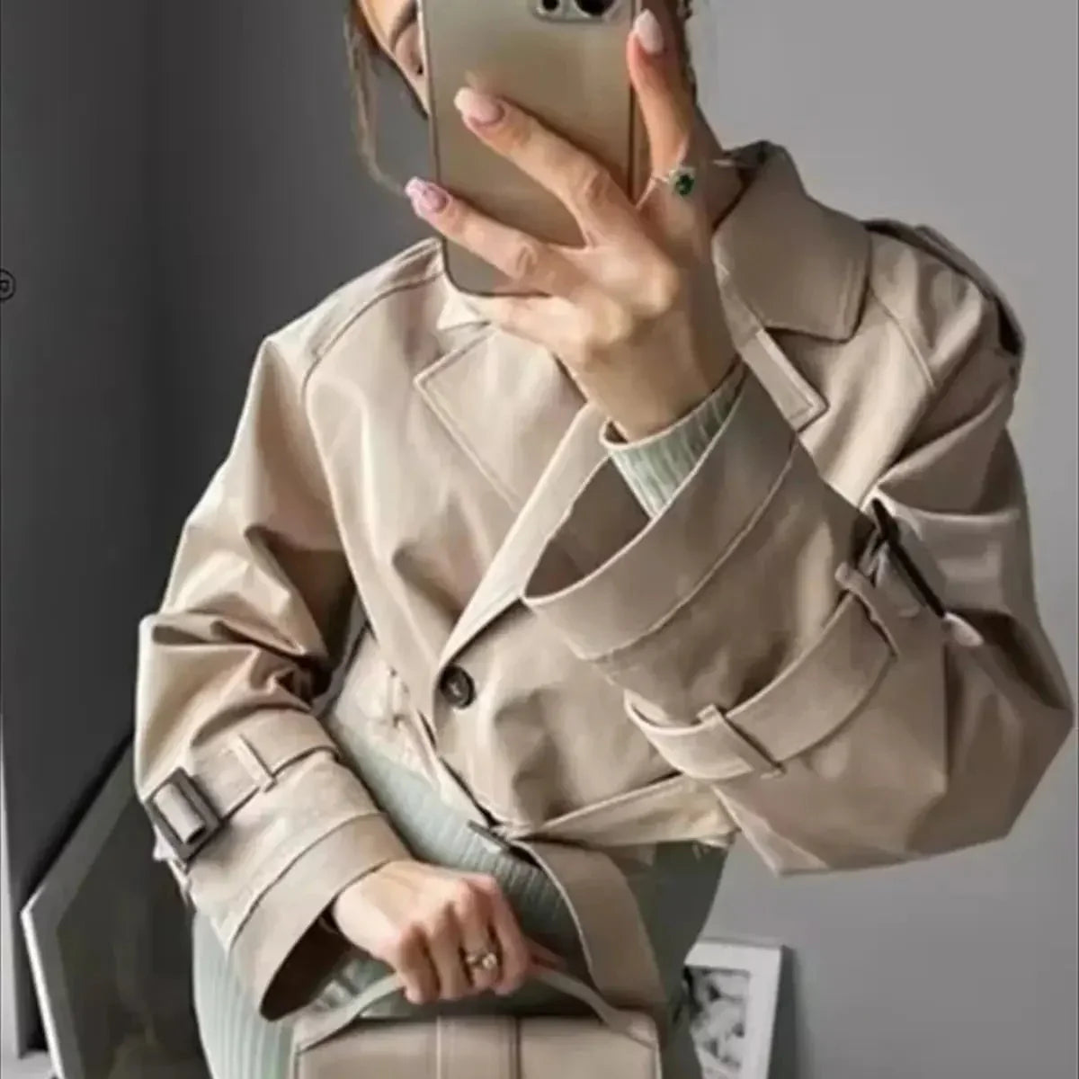 Dame Cropped Trenchcoat Med Bælte & Dobbeltknap