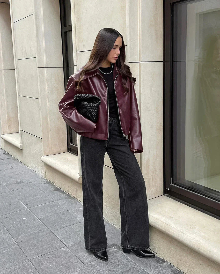 Dame Efterårsjakke Med Lynlås & Læder | Casual