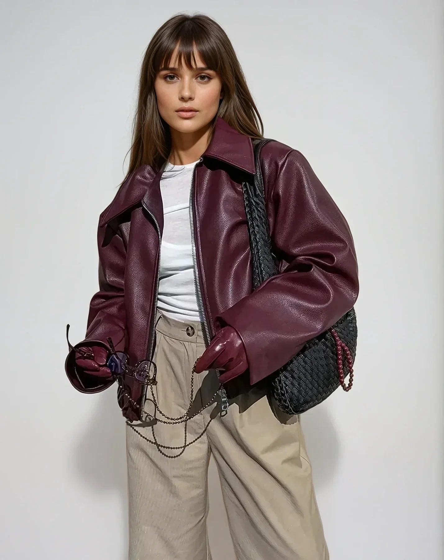 Dame Efterårsjakke Med Lynlås & Læder | Casual