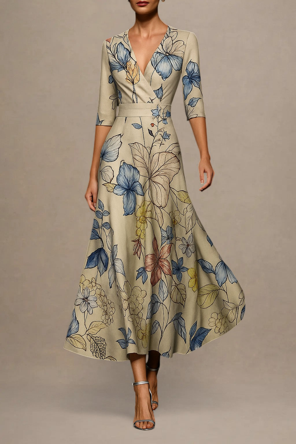 Dame Elegant Blomstret Maxi Kjole med V-udskæring og 3/4-ærmer – Luftig Sommerstil