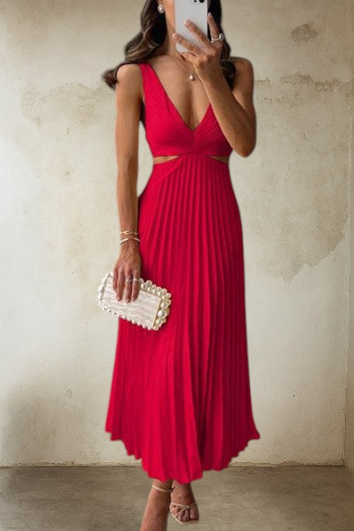 Dame – Elvira Plisseret Midikjole med V-udskæring og Sidelukning