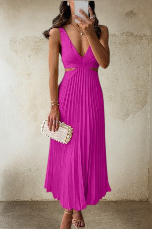 Dame – Elvira Plisseret Midikjole med V-udskæring og Sidelukning