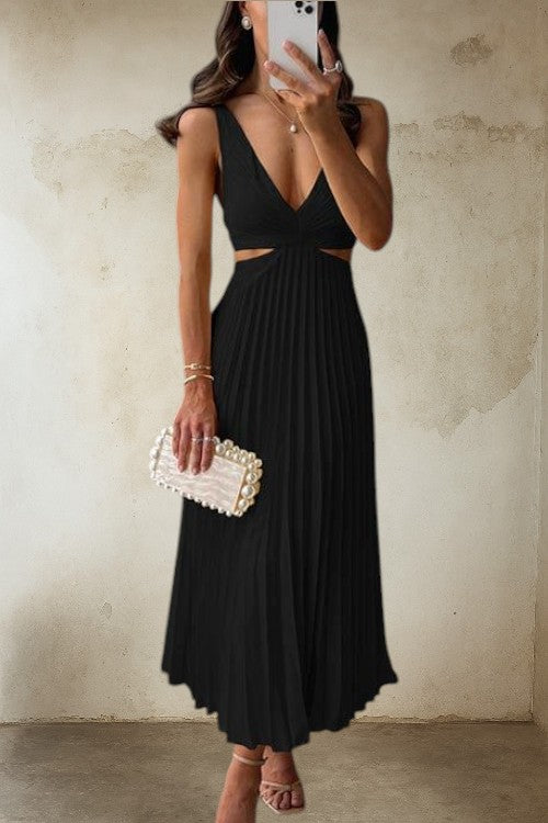 Dame – Elvira Plisseret Midikjole med V-udskæring og Sidelukning