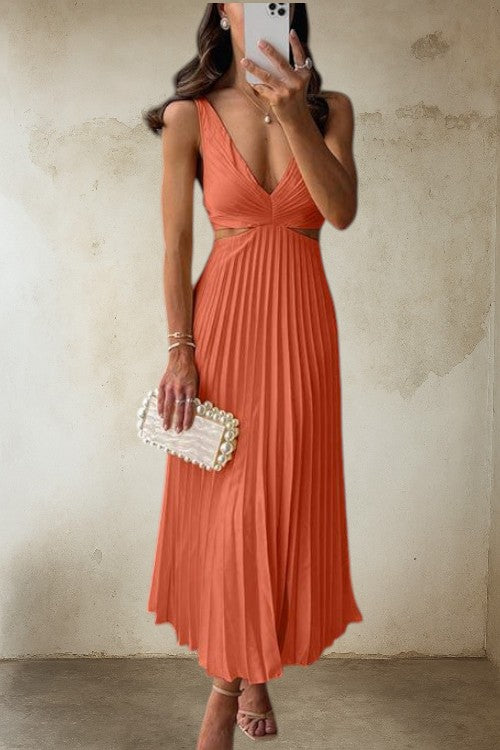 Dame – Elvira Plisseret Midikjole med V-udskæring og Sidelukning