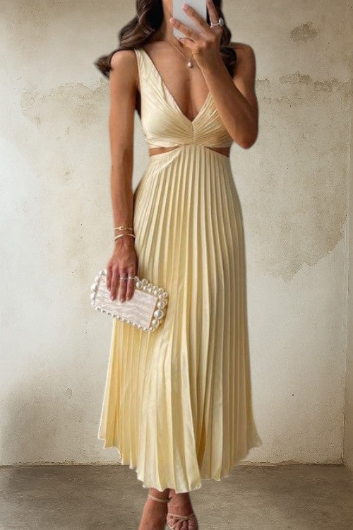 Dame – Elvira Plisseret Midikjole med V-udskæring og Sidelukning