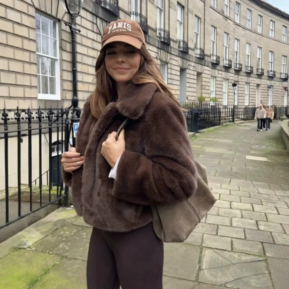 Dame Fake fur-frakker Med Krave | Brun Pelslook