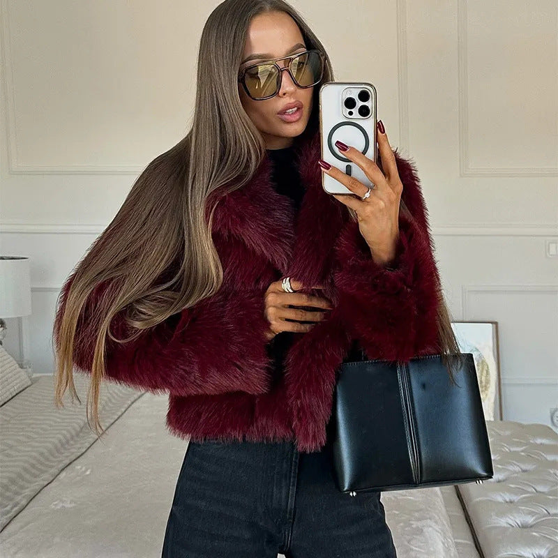 Dame Fake fur-frakker Med Stor Krave | Vinrød