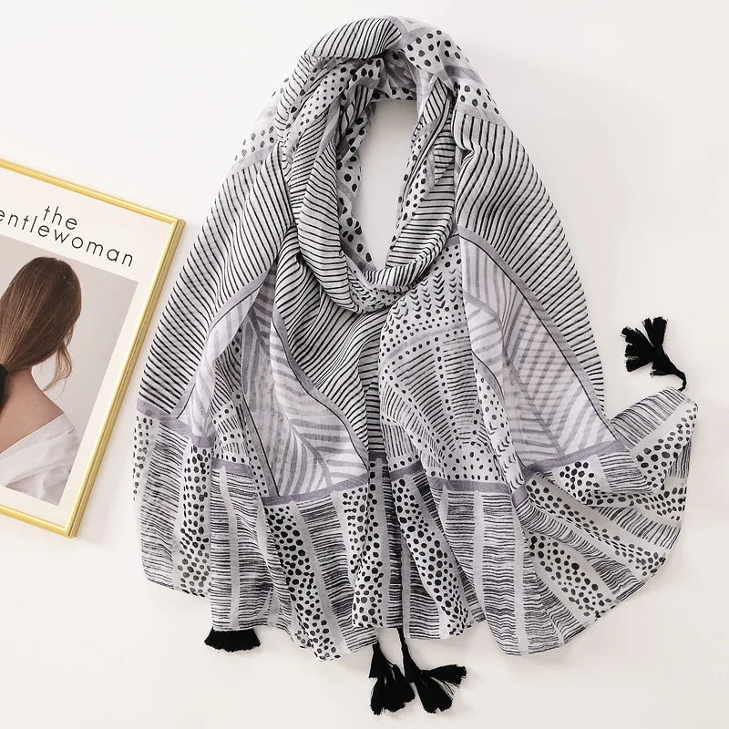 Dame Halstørklæde Med Frynser & Print