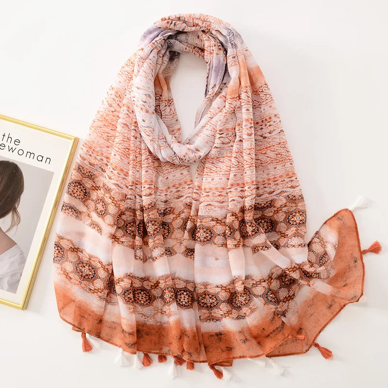 Dame Halstørklæde Med Frynser & Print