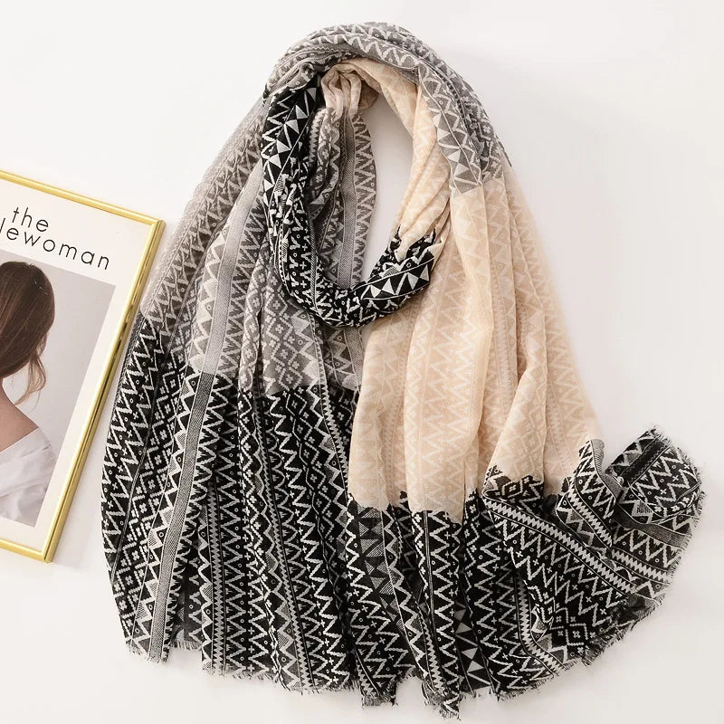 Dame Halstørklæde Med Frynser & Print