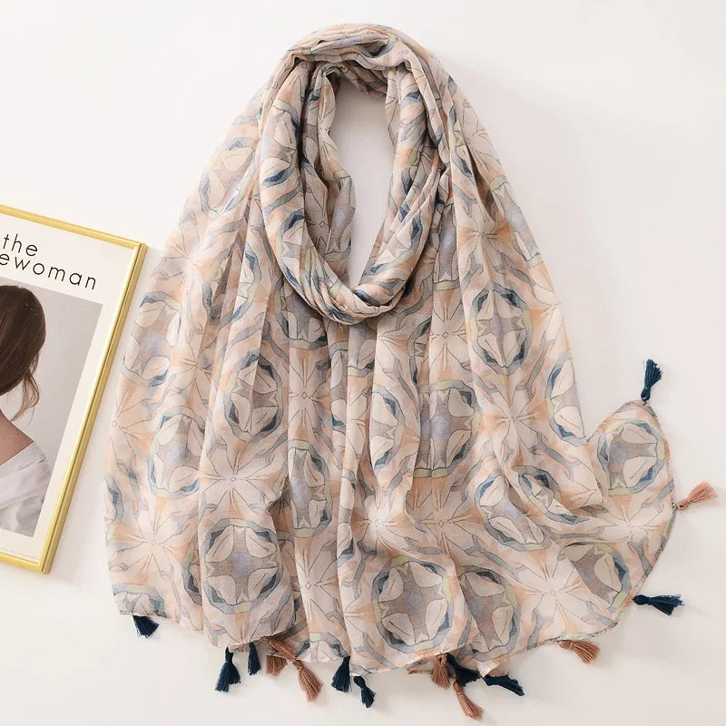 Dame Halstørklæde Med Frynser & Print