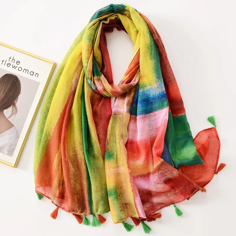 Dame Halstørklæde Med Frynser & Print