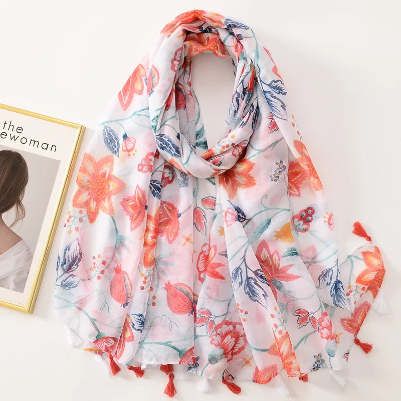 Dame Halstørklæde Med Frynser & Print