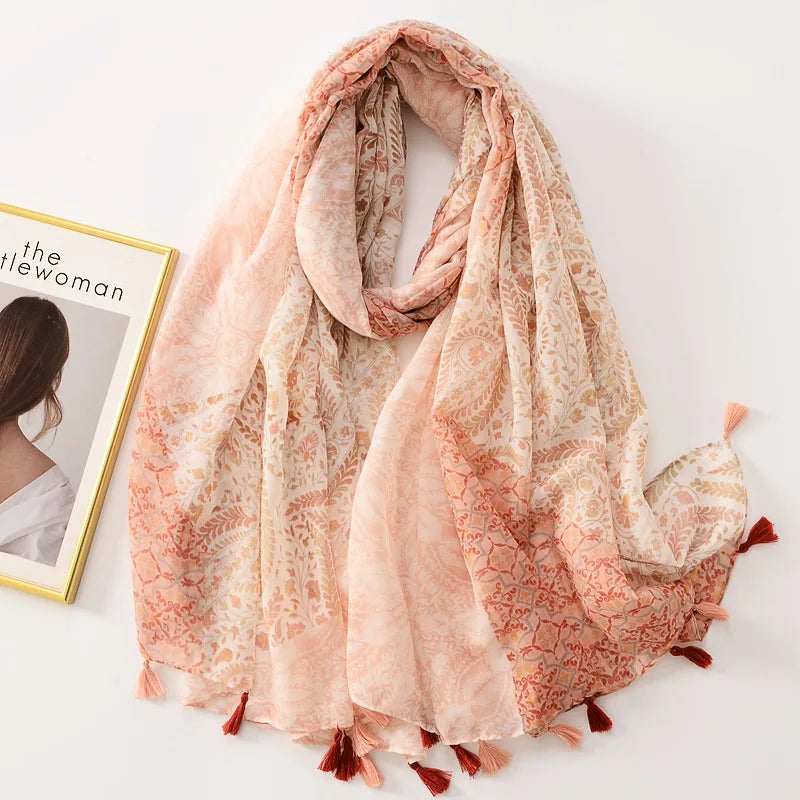 Dame Halstørklæde Med Frynser & Print