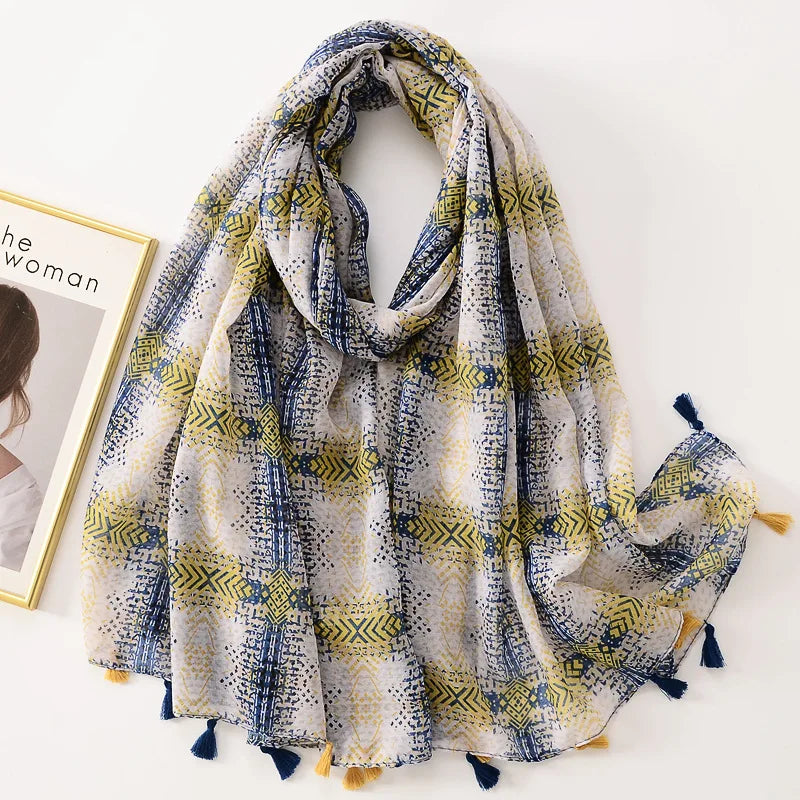 Dame Halstørklæde Med Frynser & Print