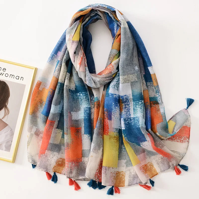 Dame Halstørklæde Med Frynser & Print