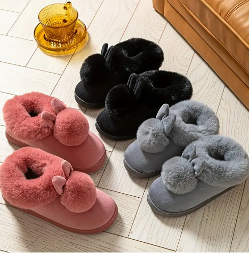 Dame Hjemmesko Med Kaninører & Pompom-Detaljea