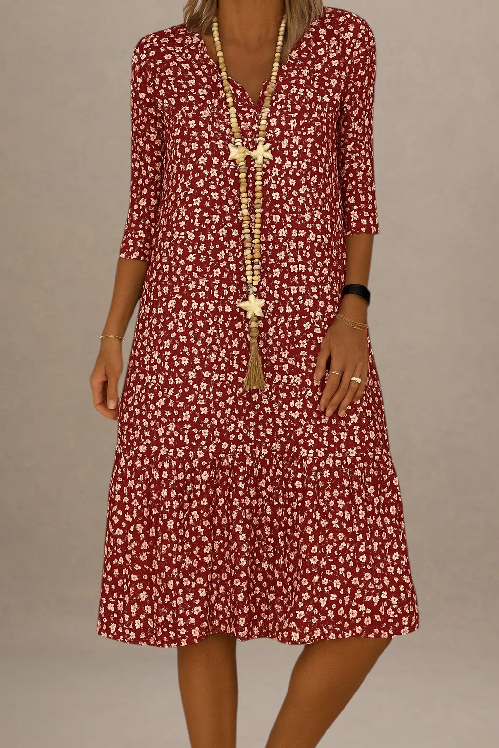 Dame – Hverdagskjole med 3/4-Ærmer og Blomsterprint