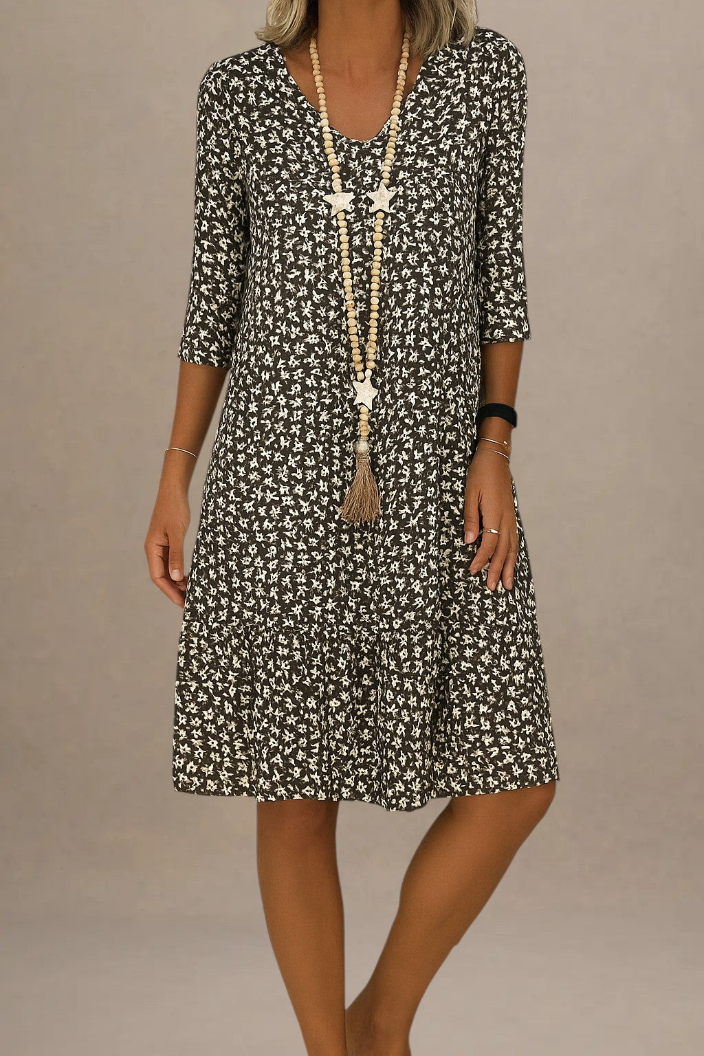 Dame – Hverdagskjole med 3/4-Ærmer og Blomsterprint