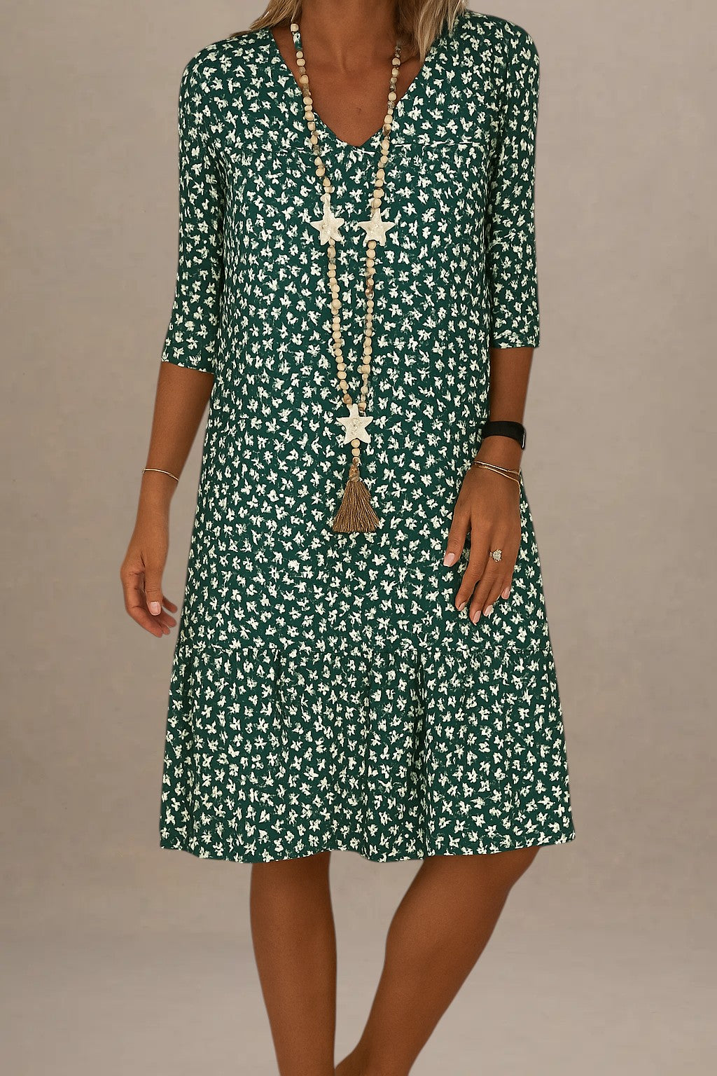 Dame – Hverdagskjole med 3/4-Ærmer og Blomsterprint