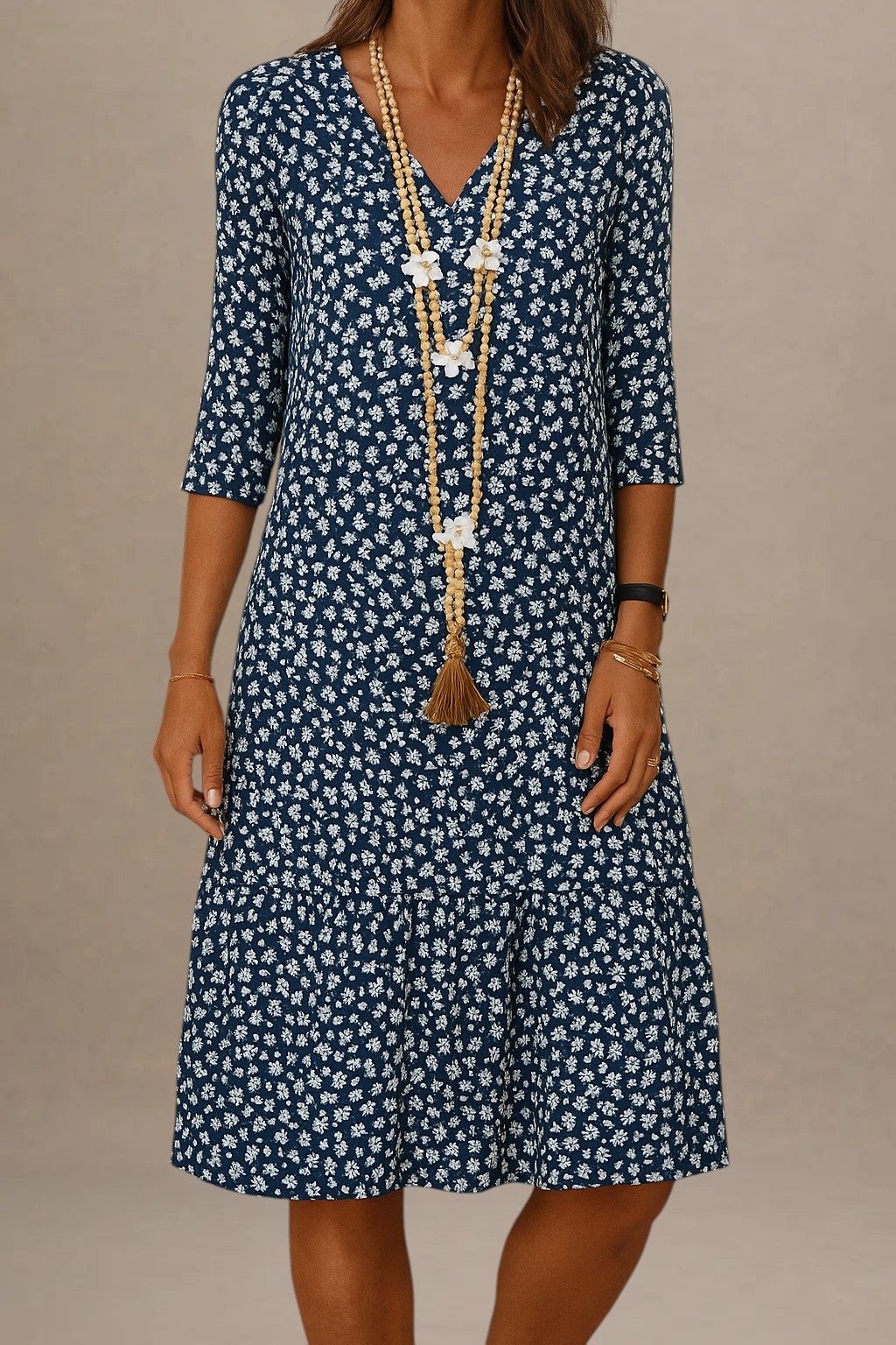 Dame – Hverdagskjole med 3/4-Ærmer og Blomsterprint