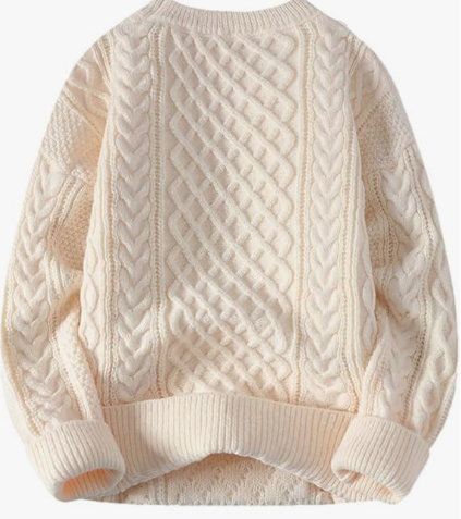 Dame Kabelstrikket Striktrøje Med Rund Hals & Ribkanter
