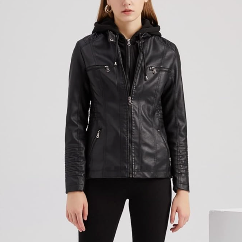 Dame Kort Efterårsjakke Med Hætte & Lynlåse