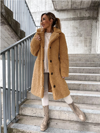 Dame Lang Frakke | Teddylook med Knapper