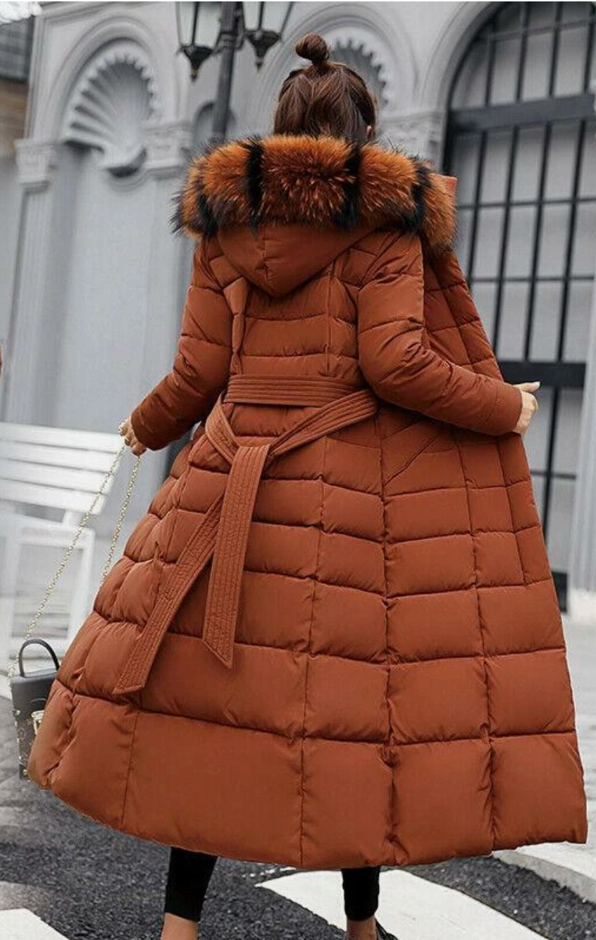 Dame Lang Vinterfrakke | Bælte og Pelskantet Hætte