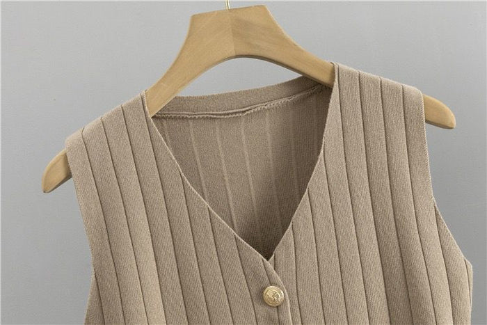 Dame Outfit Sæt Med Strik Vest | Rib & Knapper