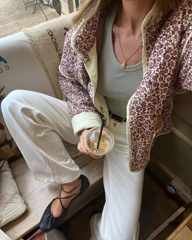 Dame Efterårsjakke Med Blomstermønster | Kort