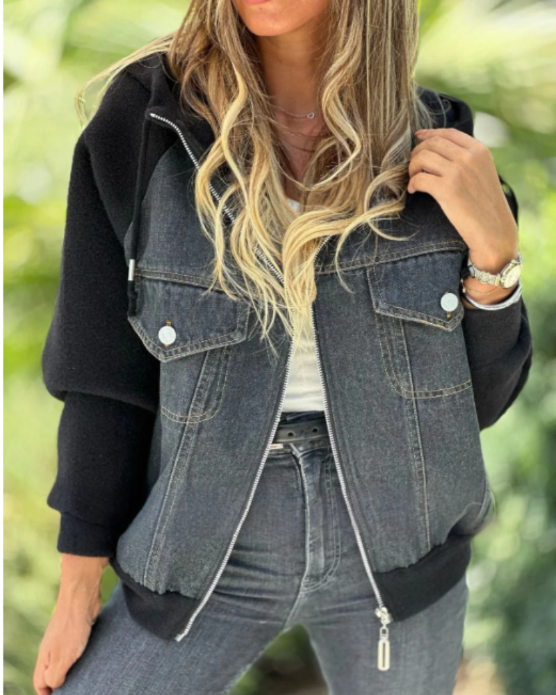 Dame Overgangsjakke Med Denimfront & Hætte | Casual