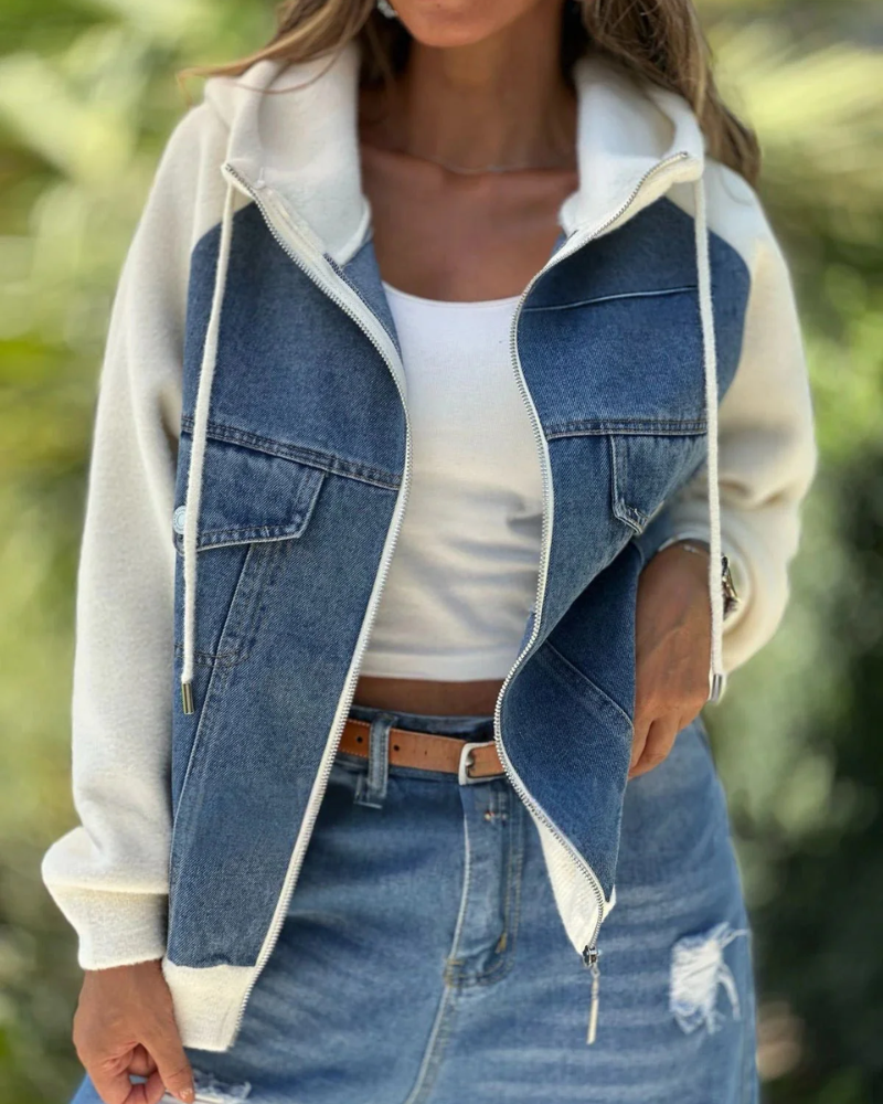 Dame Overgangsjakke Med Denimfront & Hætte | Casual