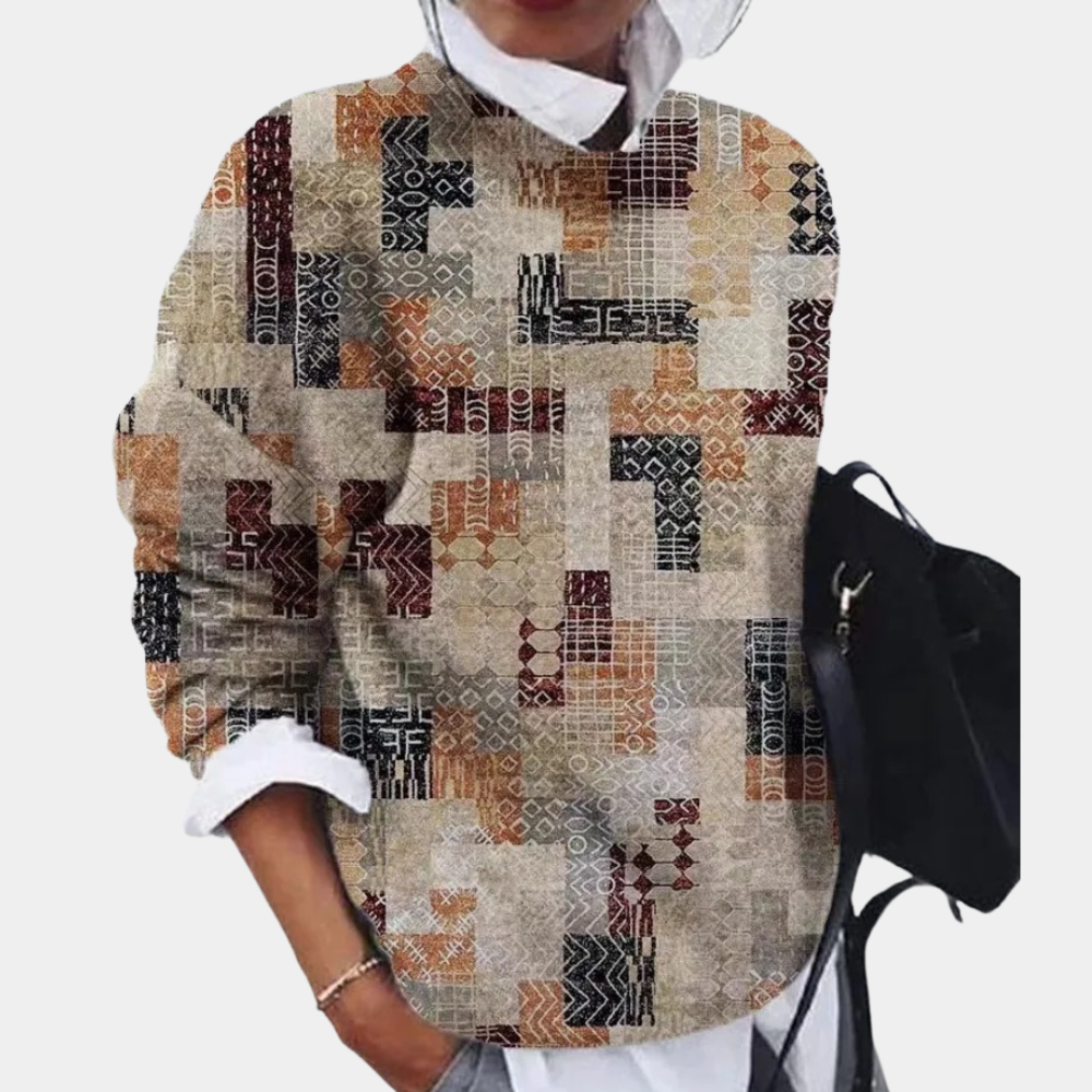 Dame Striktrøje Med Geometrisk Patchwork & Langærme