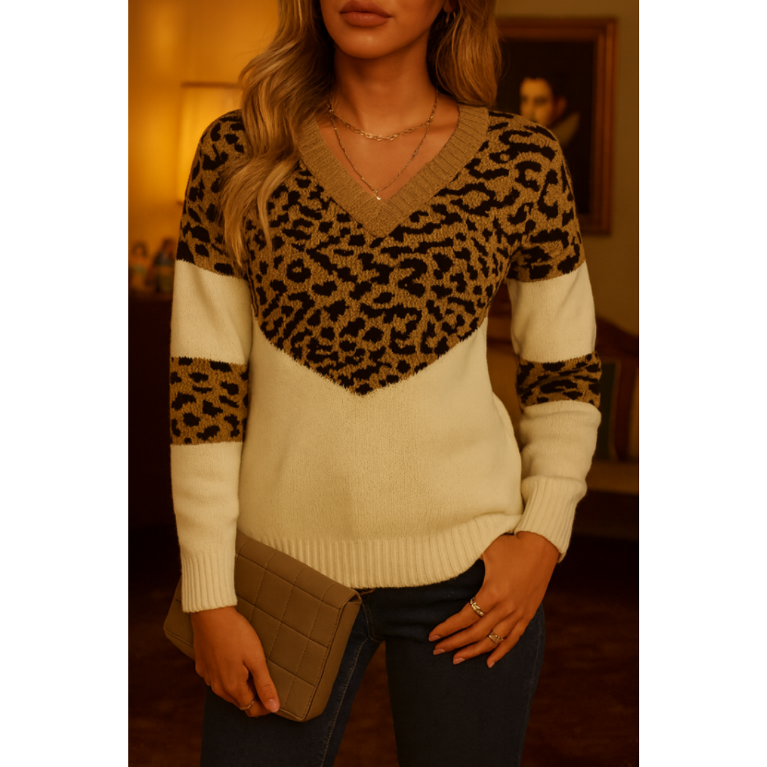 Dame To-Farvet Striktrøje Med V-Hals & Langærme