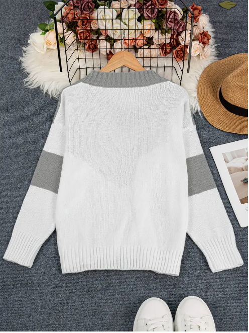 Dame To-Farvet Striktrøje Med V-Hals & Langærme