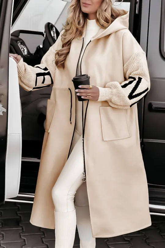 Dame Vinter Jakke Lang Foret | Med Hætte og Strikærmer