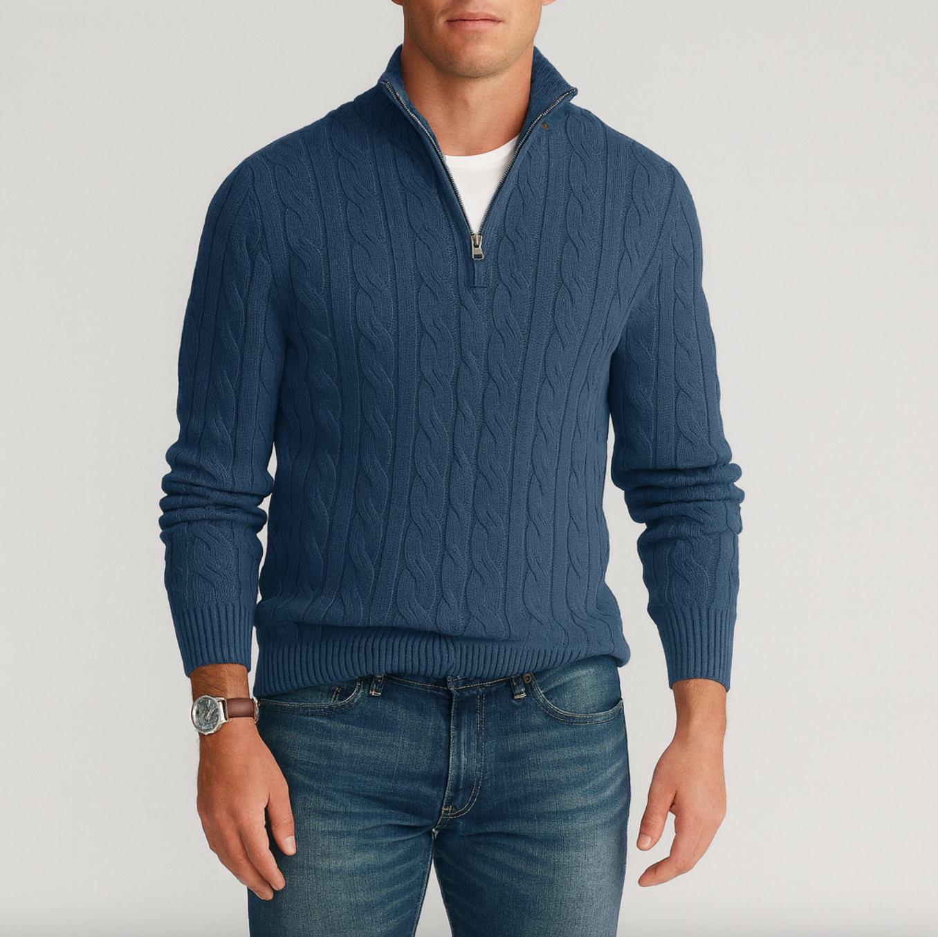 Enzo | Herre Klassisk Kabelstrikket Halvlyn Pullover
