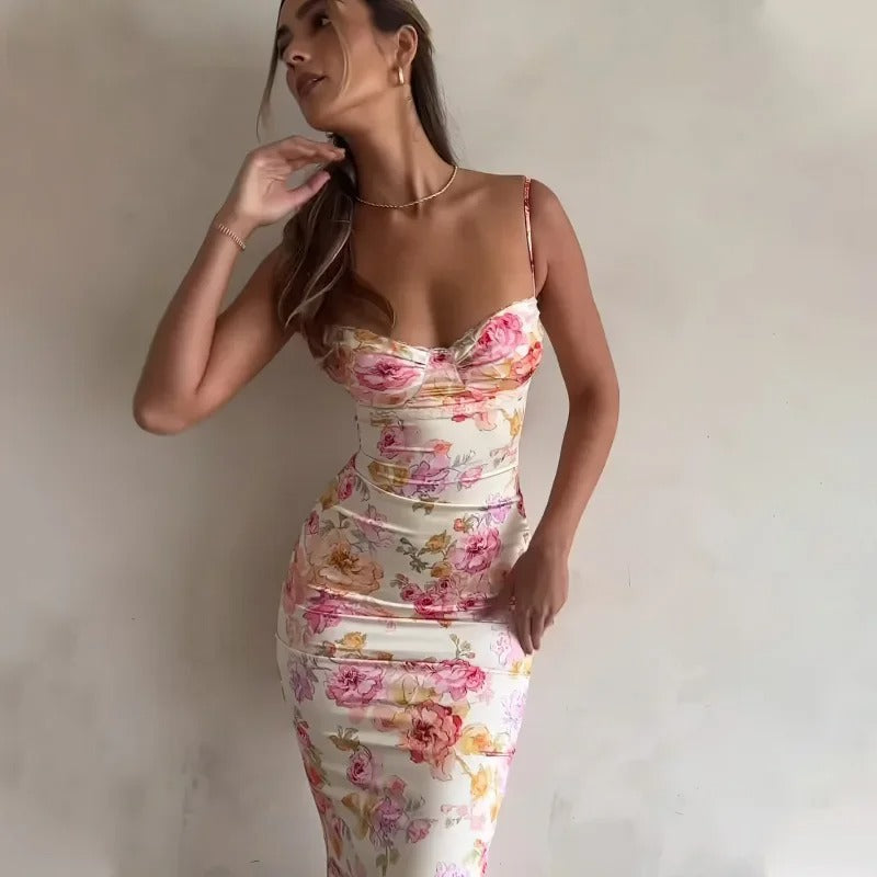 Heather | Elegant Floral Maxi Kjole med Blondekant
