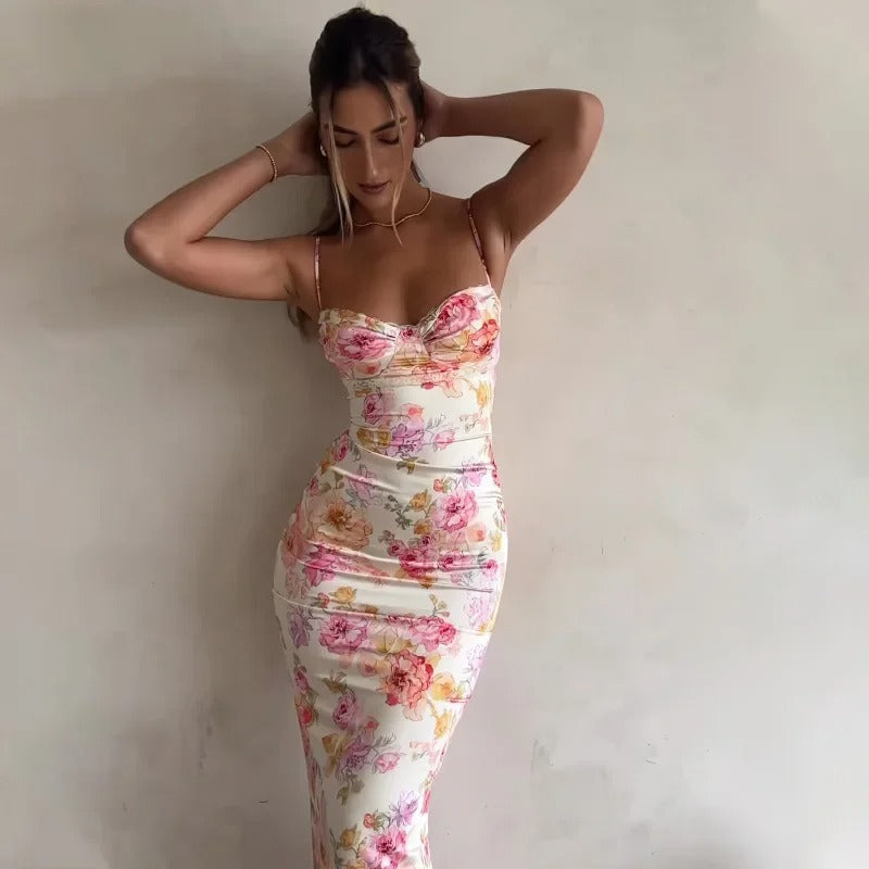 Heather | Elegant Floral Maxi Kjole med Blondekant