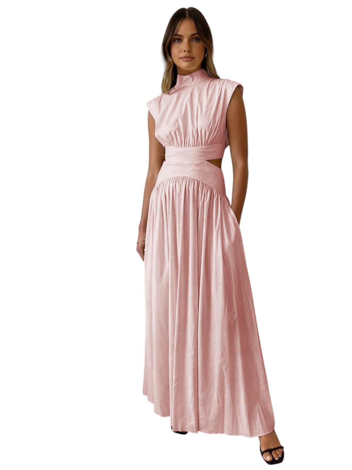 Mathilde - Elegant Drapperet Maxikjole med Høj Hals og Cutout Detaljer